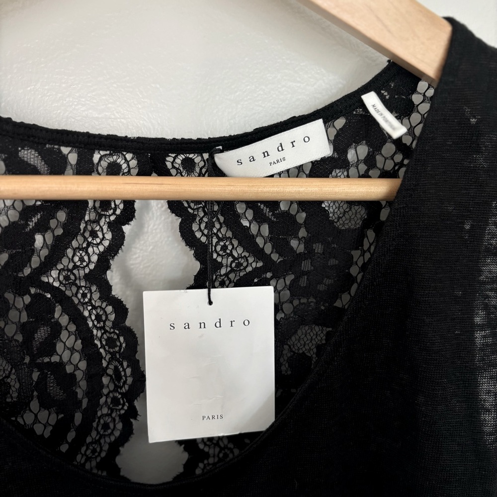 Sandro Paris Tango Lace Back Tank Top Noir Black Linen Blend T11239E Size 3 - Picture 4 of 10